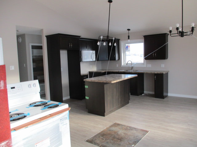 View of finished kitchen with black lighting and dark brown cabinets